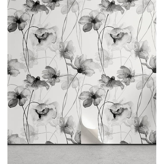 Ambesonne Floral Peel & Stick Wallpaper for Home, Poppy Flowers Blossomed BnW, 13"x72", Dimgray Pale Grey Grey