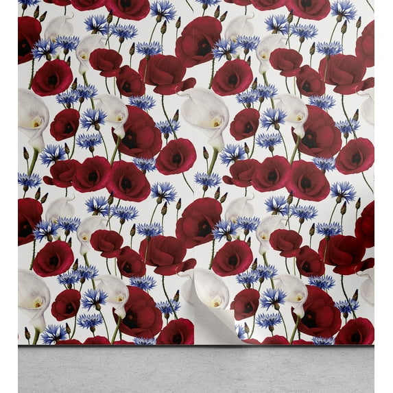 Ambesonne Floral Peel & Stick Wallpaper for Home, Poppy Flowers Callas Print, 13"x72", Ruby Dark Lavender and Green