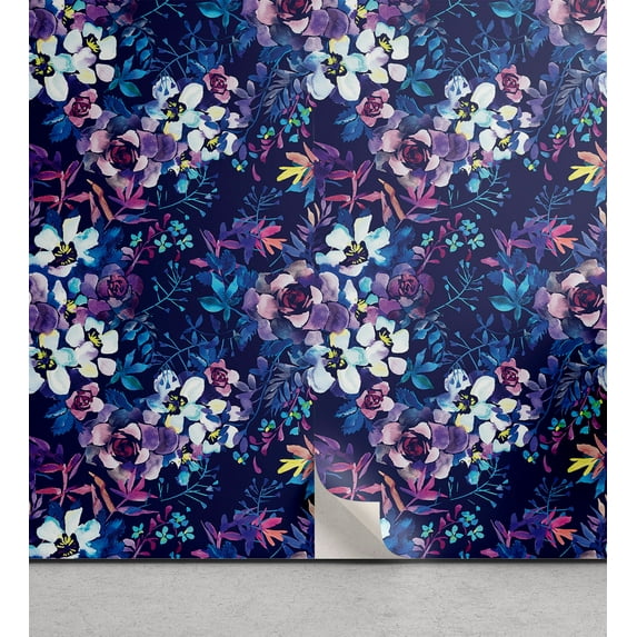 Ambesonne Floral Peel & Stick Wallpaper for Home, Psychedelic Tones of Flowers, 13"x36", Lilac Purple and Petrol Blue