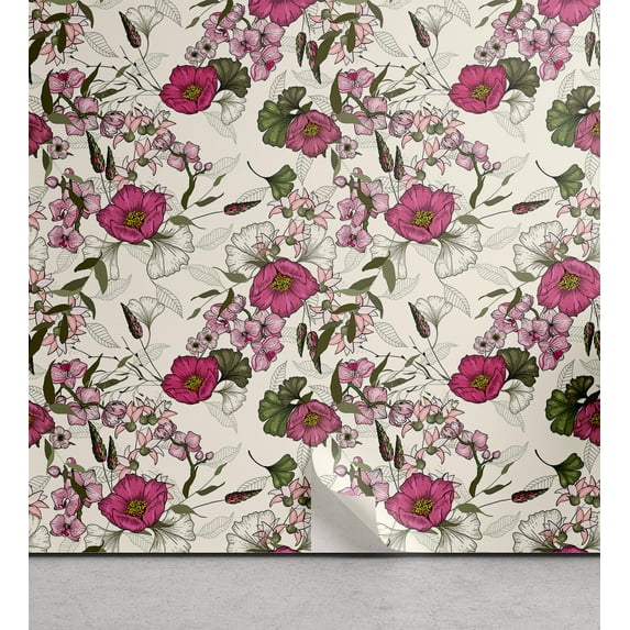 Ambesonne Floral Peel & Stick Wallpaper for Home, Realistic Wild Flower Plot, 13"x100", Dried Rose and Army Green