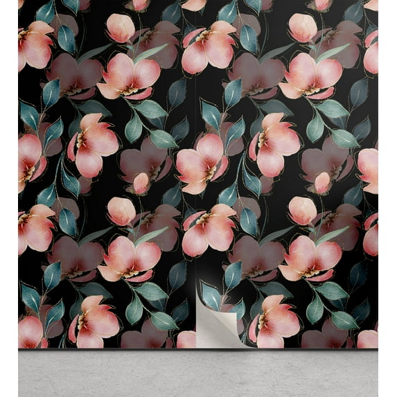 Ambesonne Floral Peel & Stick Wallpaper for Home, Red Flowers Gold Lines Art, 13"x36", Pale Ruby and Dark Sea Green