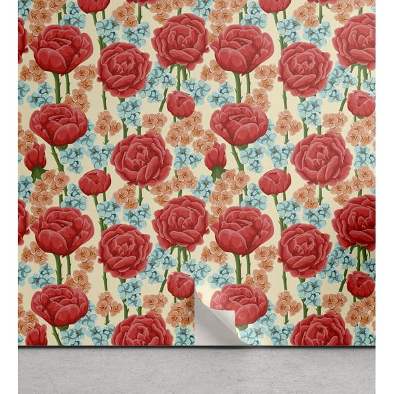 Ambesonne Floral Peel & Stick Wallpaper for Home, Red Roses Colorful Flowers, 13"x36", Dark Salmon and Slate Blue