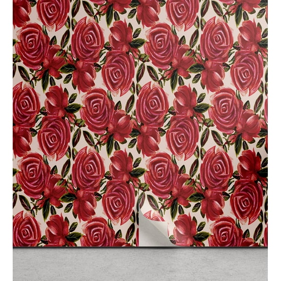 Ambesonne Floral Peel & Stick Wallpaper for Home, Red Roses Romantic Pattern, 13"x36", Pastel Pink and Green Brown
