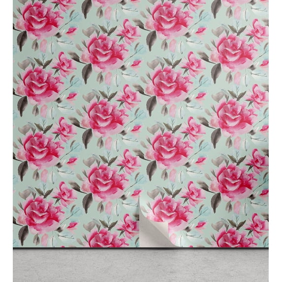 Ambesonne Floral Peel & Stick Wallpaper for Home, Repetitive Roses Watercolor, 13"x100", Dark Pink Mint Green