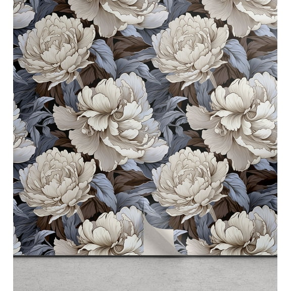 Ambesonne Floral Peel & Stick Wallpaper for Home, Retro Efflorescent Peonies, 13"x36", Blue Grey Taupe and Off White