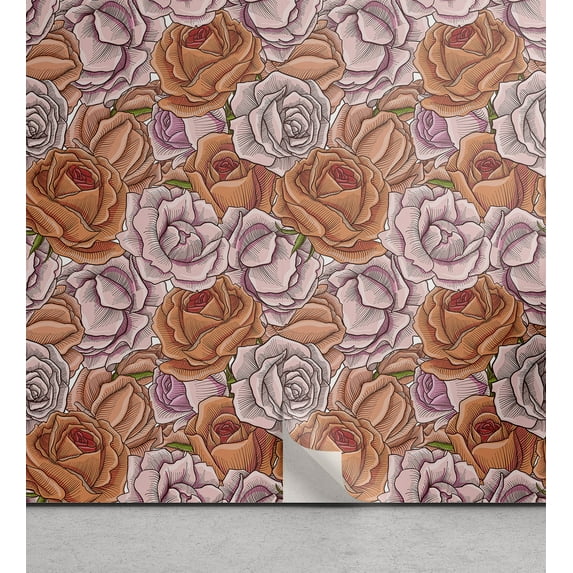 Ambesonne Floral Peel & Stick Wallpaper for Home, Retro Roses and Peonies Art, 13"x36", Salmon Blush Rose