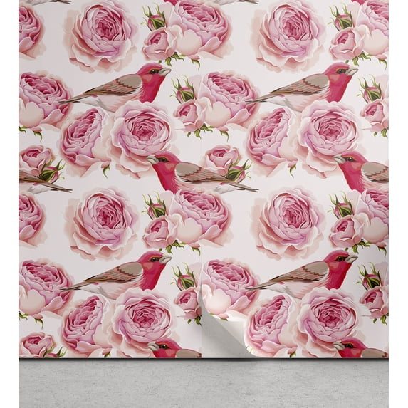 Ambesonne Floral Peel & Stick Wallpaper for Home, Romantic Birds and Roses, 13"x72", Hot Pink Rose and Green