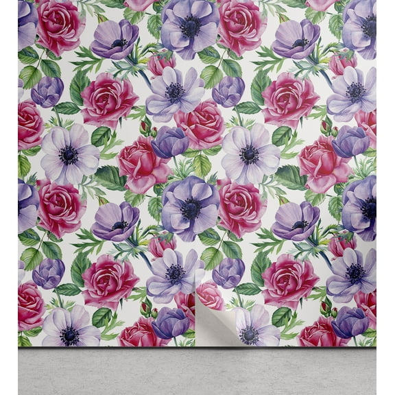 Ambesonne Floral Peel & Stick Wallpaper for Home, Romantic Gentle Anemones, 13"x36", Purple Dark Pink