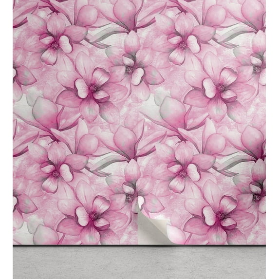 Ambesonne Floral Peel & Stick Wallpaper for Home, Romantic Magnolia Flowers, 13"x100", Pink and Pale Grey