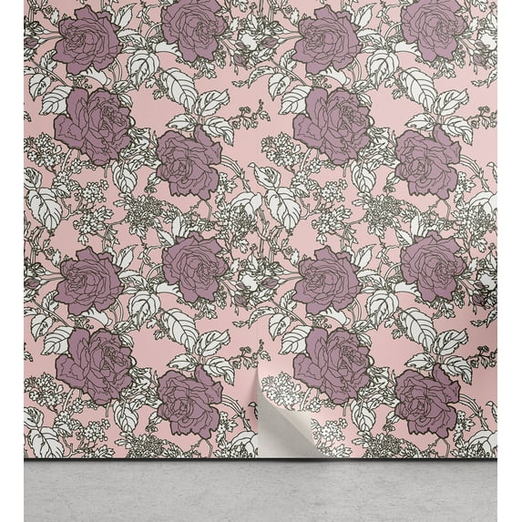 Ambesonne Floral Peel & Stick Wallpaper for Home, Romantic Rose Drawings Print, 13"x72", Pale Mauve White Sepia
