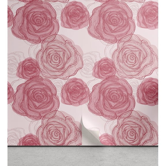 Ambesonne Floral Peel & Stick Wallpaper for Home, Rose Drawings Romantic Print, 13"x36", Pale Ruby Grey Pink