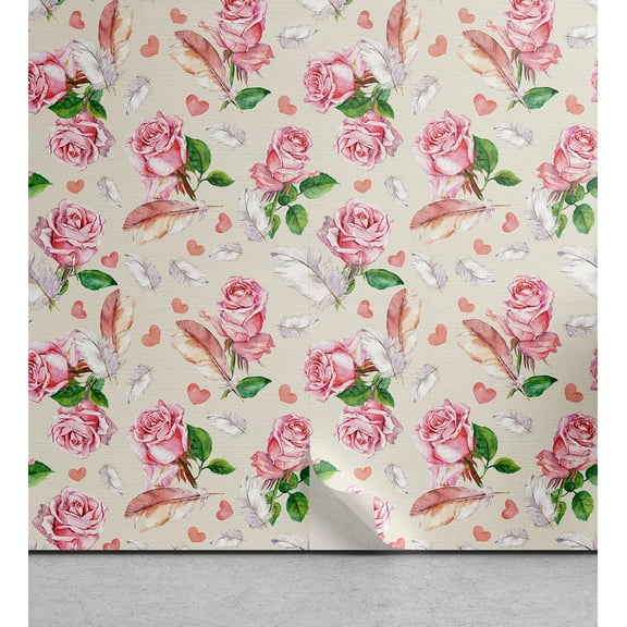 Ambesonne Floral Peel & Stick Wallpaper for Home, Rose Valentine Botanical Art, 13"x36", Pastel Pink and Fern Green