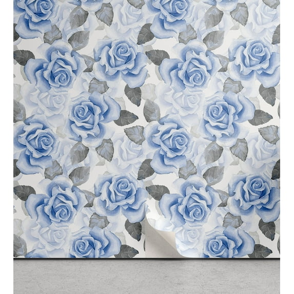 Ambesonne Floral Peel & Stick Wallpaper for Home, Roses Buds Leaves Pattern, 13"x36", Pale Ceil Blue White and Grey