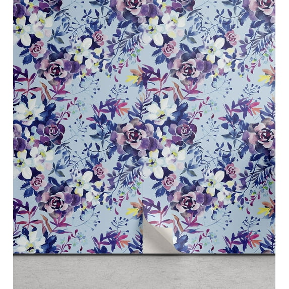 Ambesonne Floral Peel & Stick Wallpaper for Home, Roses Flowers Colorful Plot, 13"x36", Persian Blue and Pale Purple