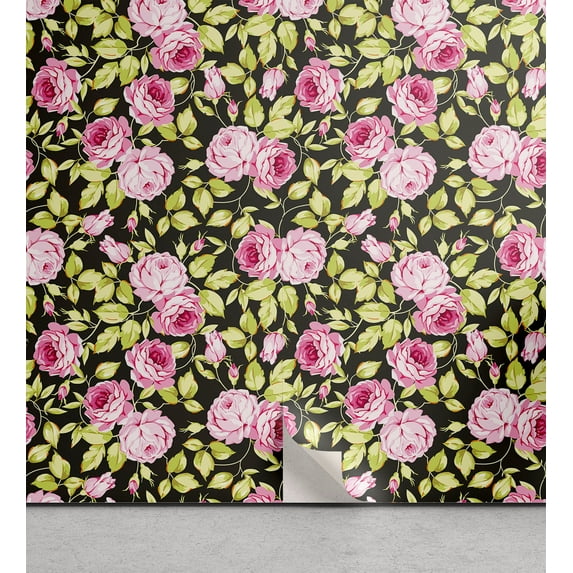 Ambesonne Floral Peel & Stick Wallpaper for Home, Roses Leaves Vintage Plot, 13"x72", Avocado Green and Pastel Pink