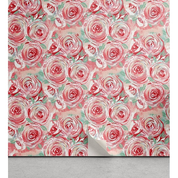 Ambesonne Floral Peel & Stick Wallpaper for Home, Roses Watercolor Botanical, 13"x36", Dark Pink and Pale Teal