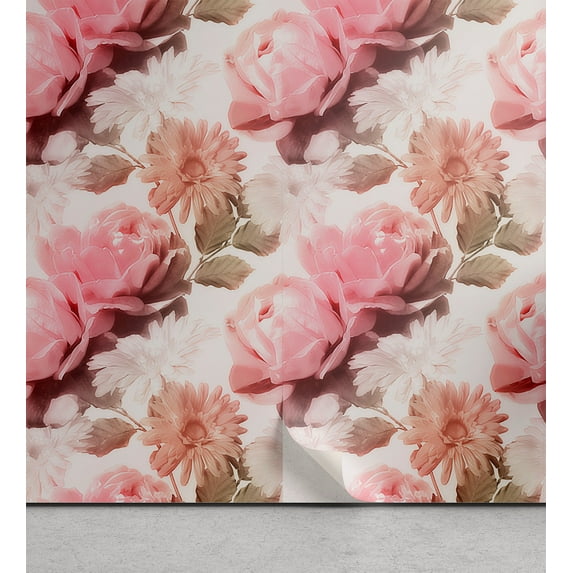 Ambesonne Floral Peel & Stick Wallpaper for Home, Roses and Gerberas Vintage, 13"x36", Pale Pink Dark Tan