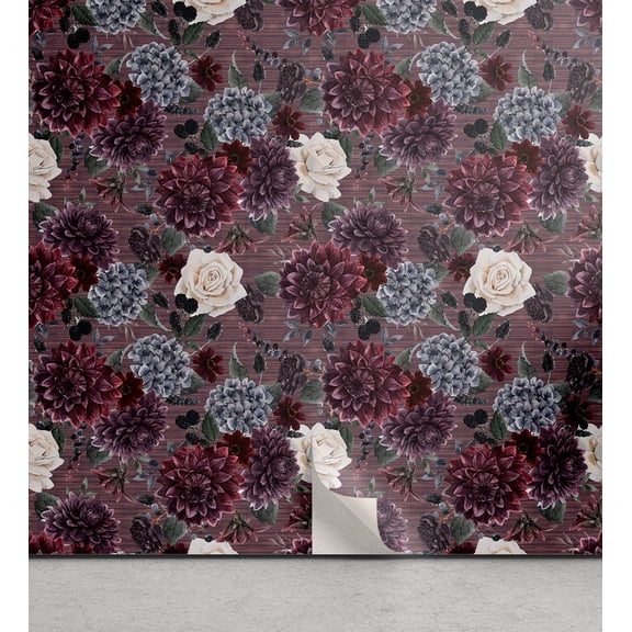 Ambesonne Floral Peel & Stick Wallpaper for Home, Rustic Rose Hydrangea Blooms, 13"x36", Eggplant Green Beige