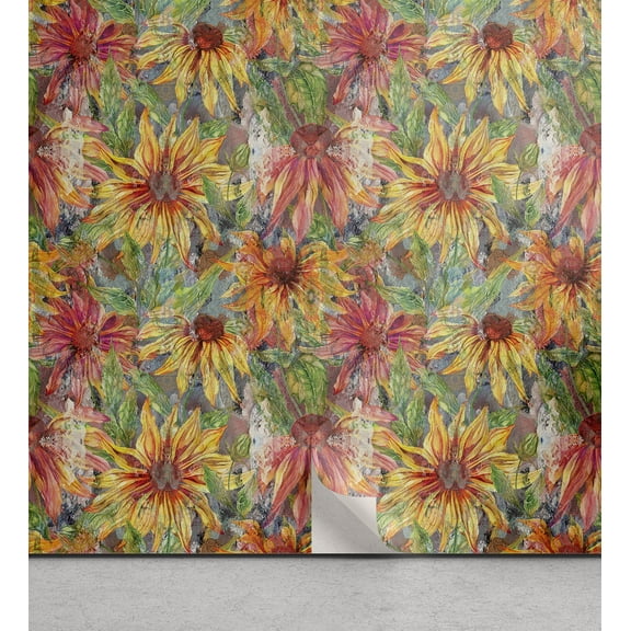 Ambesonne Floral Peel & Stick Wallpaper for Home, Rustic Summer Coneflowers, 13"x36", Coral Pale Orange and Green