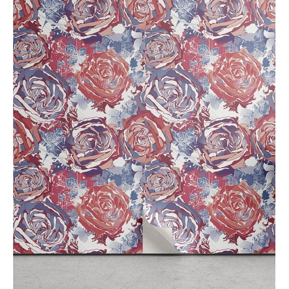 Ambesonne Floral Peel & Stick Wallpaper for Home, Simplistic Retro Roses Art, 13"x100", Dark Coral Lavender Blue