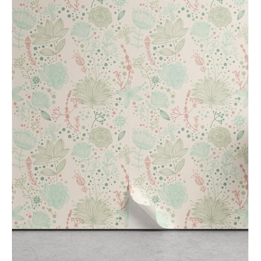 Ambesonne Floral Peel & Stick Wallpaper for Home, Soft Toned Nature Theme, 13"x36", Pale Green Mint Green