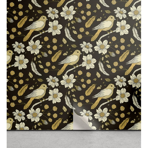 Ambesonne Floral Peel & Stick Wallpaper for Home, Sparrow Feathers and Flowers, 13"x100", Dark Mustard Dark Brown