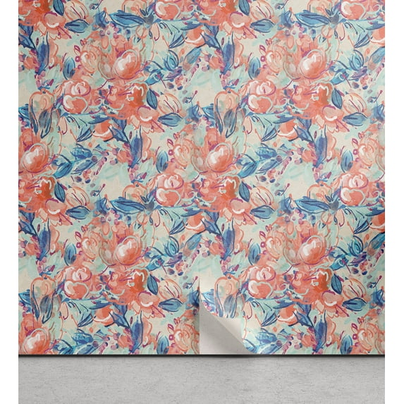 Ambesonne Floral Peel & Stick Wallpaper for Home, Spring Flower Fashion Art, 13"x36", Pastel Pink Sea Blue