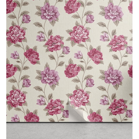 Ambesonne Floral Peel & Stick Wallpaper for Home, Spring Flowers Vintage Plot, 13"x36", Pastel Pink and Pale Sepia