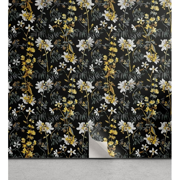 Ambesonne Floral Peel & Stick Wallpaper for Home, Summer Meadow Flower Botany, 13"x36", Mustard Grey and Black