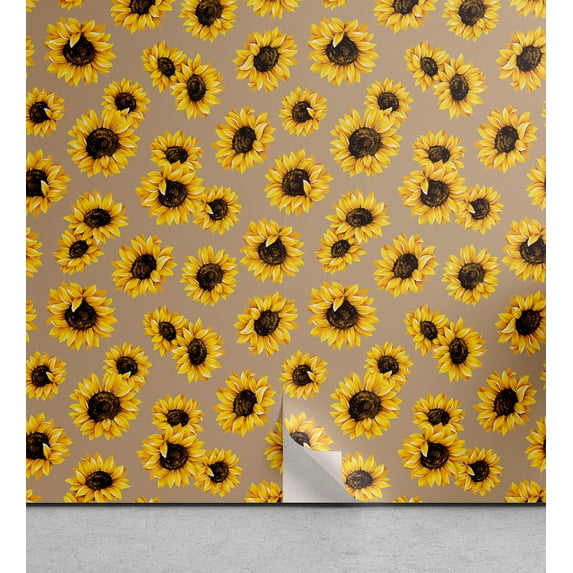 Ambesonne Floral Peel & Stick Wallpaper for Home, Sunflowers Garden Pattern, 13"x100", Earth Yellow and Seal Brown
