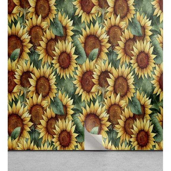 Ambesonne Floral Peel & Stick Wallpaper for Home, Sunflowers Pattern Summer, 13"x36", Burnt Orange Laurel Green