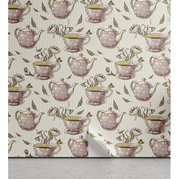 Ambesonne Floral Peel & Stick Wallpaper for Home, Teapots Cups Flowers Vintage, 13"x100", Dried Rose Umber Fawn