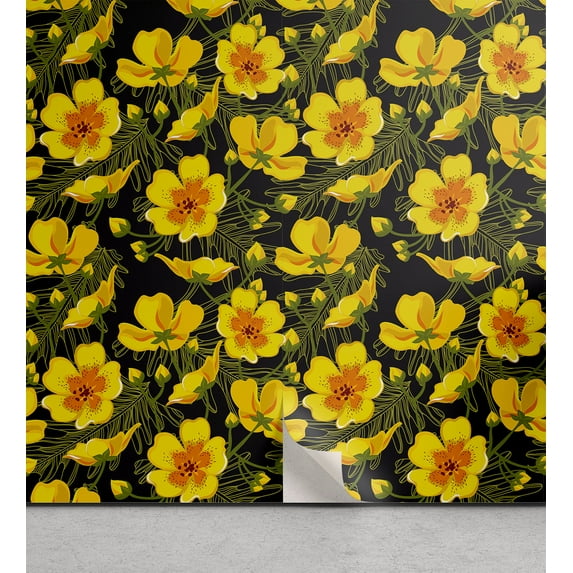 Ambesonne Floral Peel & Stick Wallpaper for Home, Tropical Flowers Leaves Plot, 13"x100", Earth Yellow Olive Green