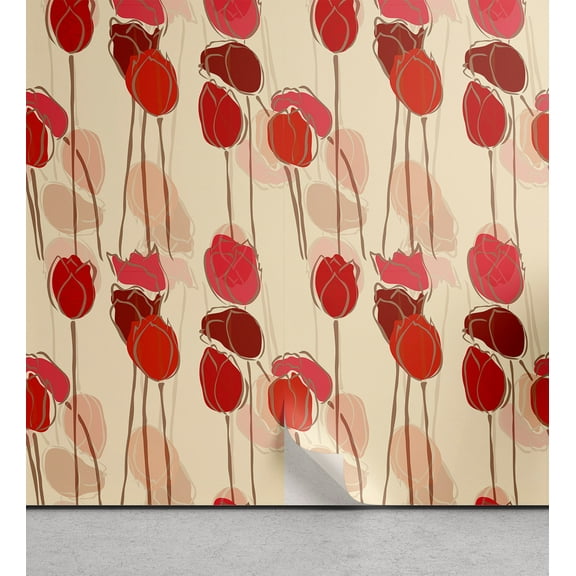 Ambesonne Floral Peel & Stick Wallpaper for Home, Tulips Nature Spring Art, 13"x36", Scarlet and Dark Coral