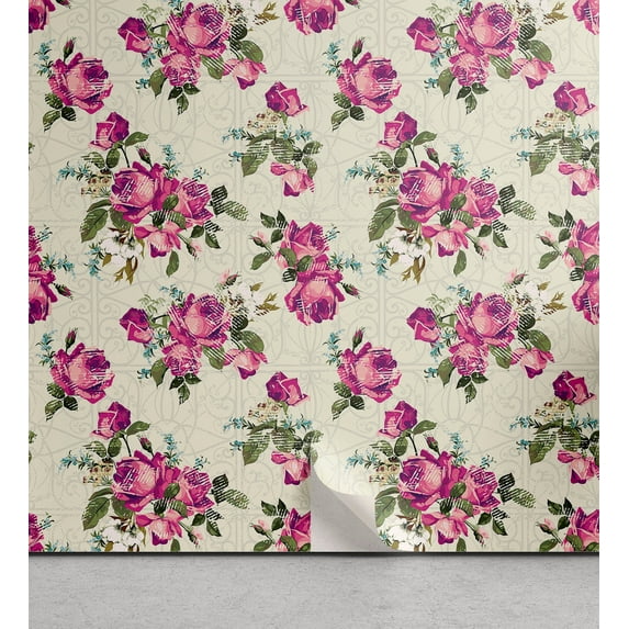 Ambesonne Floral Peel & Stick Wallpaper for Home, Valentine Rose Flowers Plot, 13"x36", Pale Fuchsia and Sepia