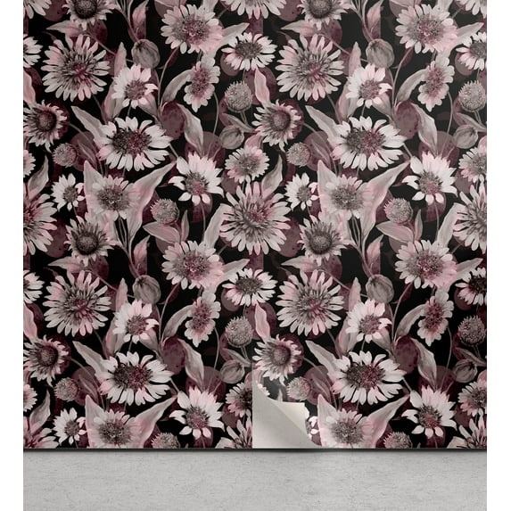 Ambesonne Floral Peel & Stick Wallpaper for Home, Vintage Art Flower Pattern, 13"x72", Dark Mauve Grey Black
