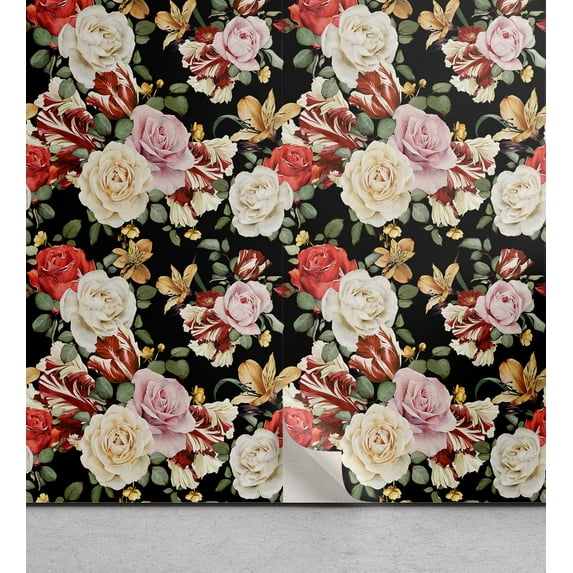 Ambesonne Floral Peel & Stick Wallpaper for Home, Vintage Bouquet Roses Lilium, 13"x100", Ivory Coral and Laurel Green