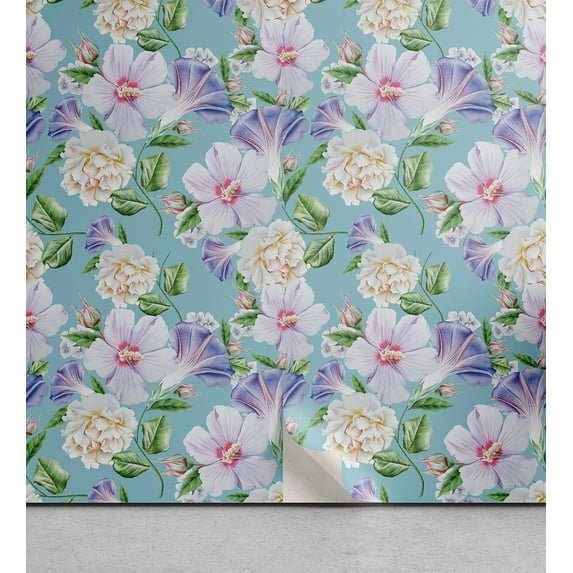 Ambesonne Floral Peel & Stick Wallpaper for Home, Vintage Hibiscus Roses Print, 13"x100", Lilac Seafoam and Green