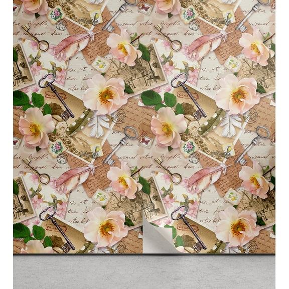 Ambesonne Floral Peel & Stick Wallpaper for Home, Vintage Letters and Postcard, 13"x36", Blush Coconut and Almond