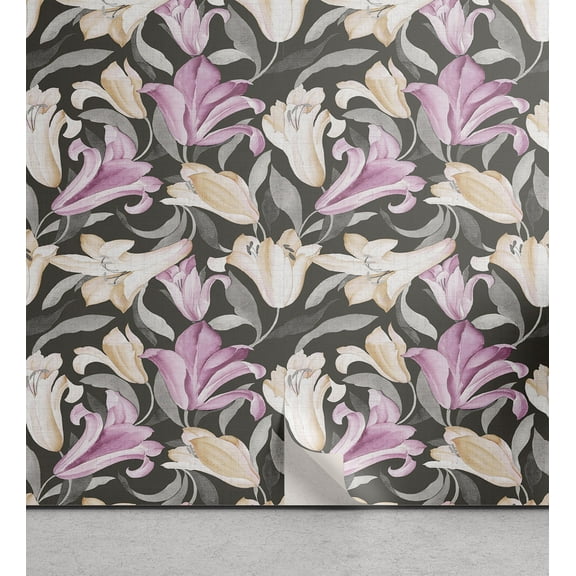 Ambesonne Floral Peel & Stick Wallpaper for Home, Vintage Lily Flowers Bloom, 13"x72", Grey Pink and Peach