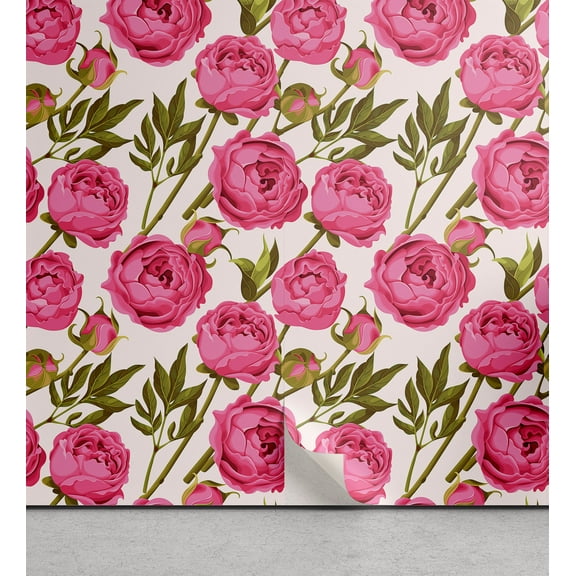 Ambesonne Floral Peel & Stick Wallpaper for Home, Vintage Peonies Pattern Art, 13"x36", Pastel Pink Fawn and White