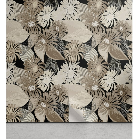 Ambesonne Floral Peel & Stick Wallpaper for Home, Vintage Plant Soft Color, 13"x72", Tan Black