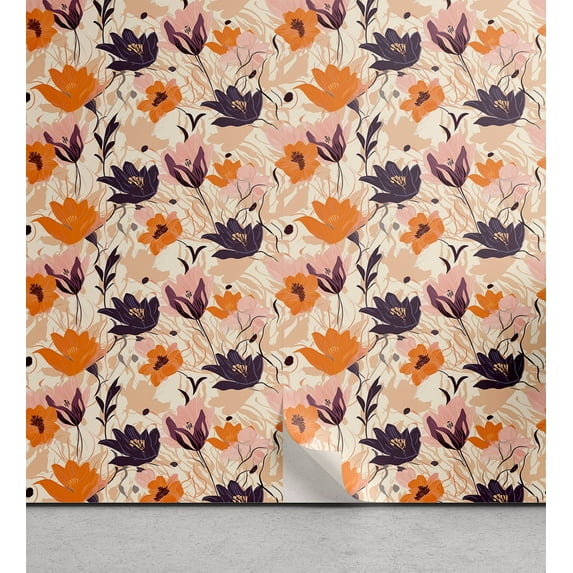 Ambesonne Floral Peel & Stick Wallpaper for Home, Vintage Poppy Flowers Garden, 13"x100", Orange Blush Seal Brown