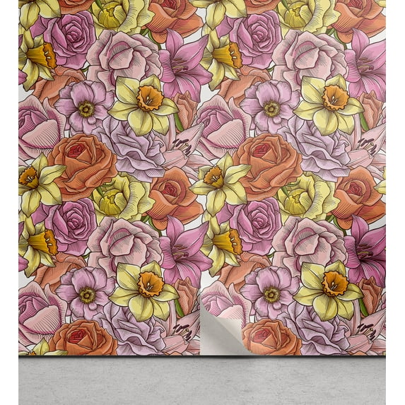 Ambesonne Floral Peel & Stick Wallpaper for Home, Vintage Roses and Peonies, 13"x36", Dark Salmon Yellow Rose