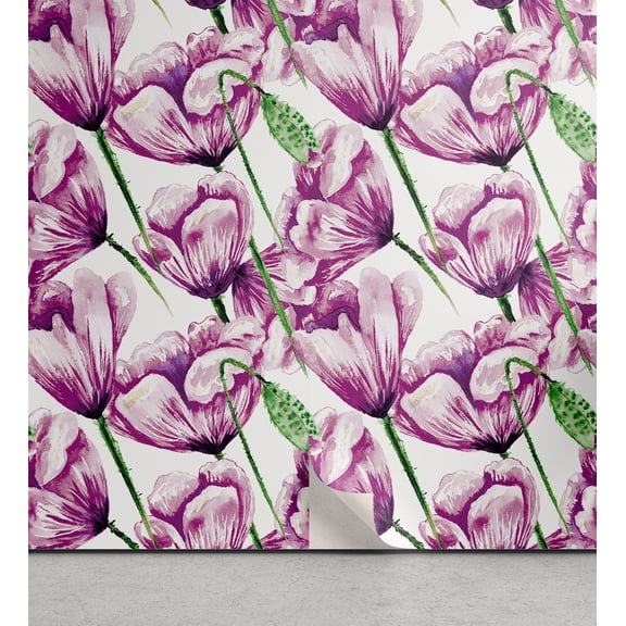 Ambesonne Floral Peel & Stick Wallpaper for Home, Violet Flowers on Plain Back, 13"x36", Reseda Green Hot Pink