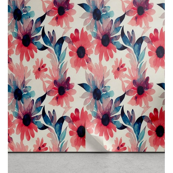 Ambesonne Floral Peel & Stick Wallpaper for Home, Waatercolor Spring Flowers, 13"x36", Violet Blue Dark Coral