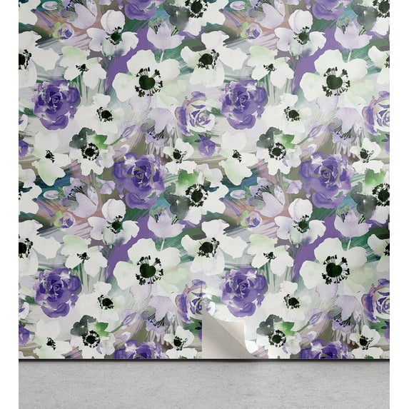 Ambesonne Floral Peel & Stick Wallpaper for Home, Watercolor Blooming Petals, 13"x36", Blue Violet and Laurel Green