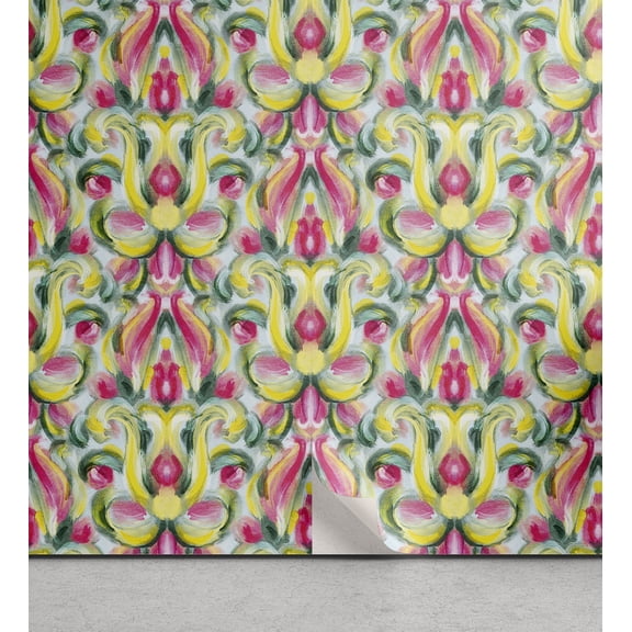 Ambesonne Floral Peel & Stick Wallpaper for Home, Watercolor Damask Print Art, 13"x72", Pink Lime Green and Green