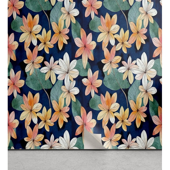 Ambesonne Floral Peel & Stick Wallpaper for Home, Watercolor Effect Flowers, 13"x72", Navy Blue and Laurel Green