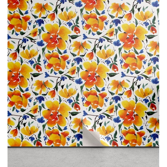 Ambesonne Floral Peel & Stick Wallpaper for Home, Watercolor Flower Vintage, 13"x36", Earth Yellow Violet Blue